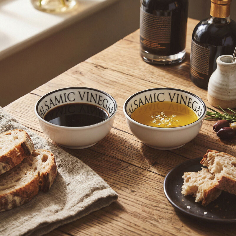 Set of Two Porcelain Dipping Bowls with Black Lettering