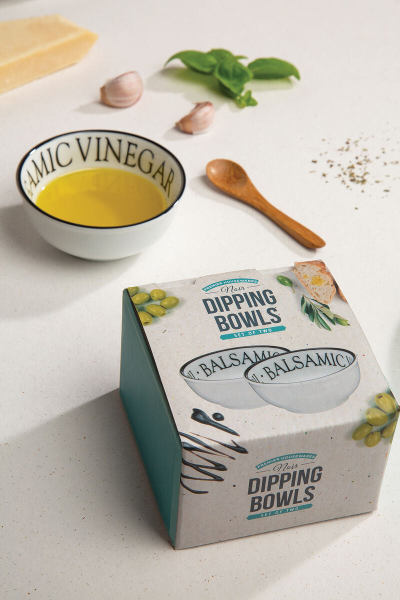 Set of Two Porcelain Dipping Bowls with Black Lettering