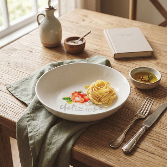 White Pasta Bowl with Tomato and Garlic Design