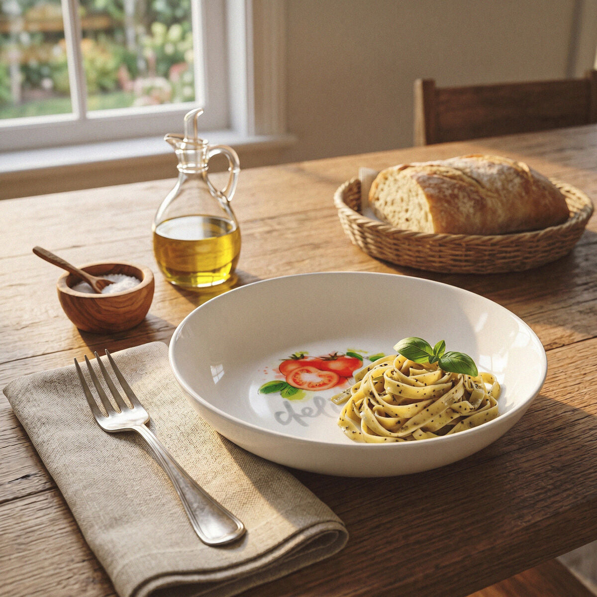 White Pasta Bowl with Tomato and Garlic Design