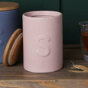 Pink Sugar Canister with Embossed S and Bamboo Lid