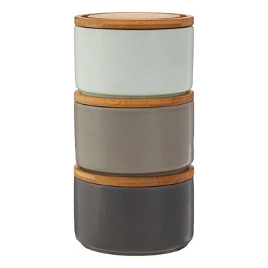 Set of Three Grey and Pale Blue Stacking Canisters with Bamboo Lids