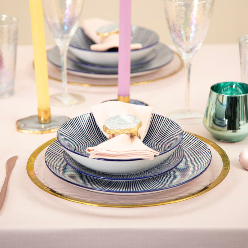 12 Piece Blue and White Square Pattern Dinner Set