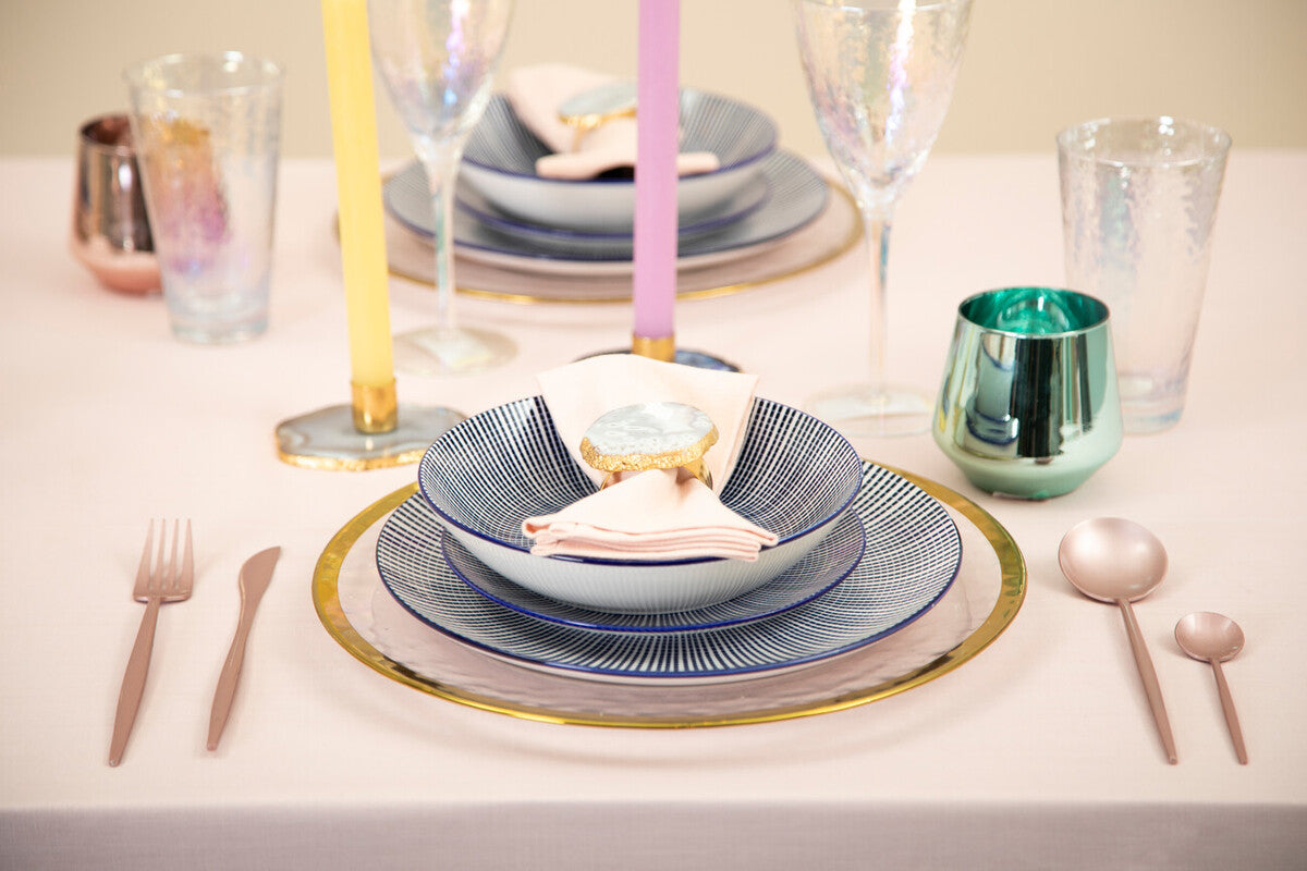 12 Piece Blue and White Square Pattern Dinner Set