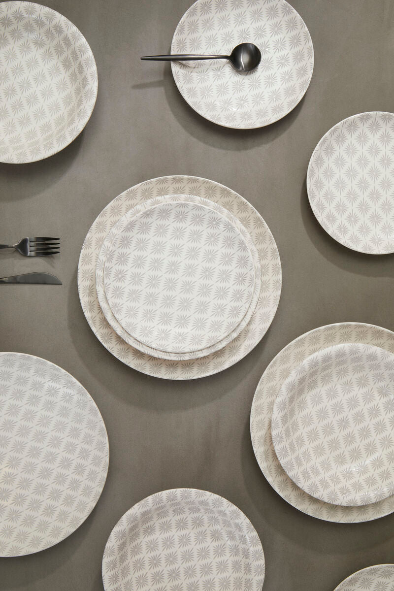 12 Piece Grey and White Floral Geometric Dinner Set