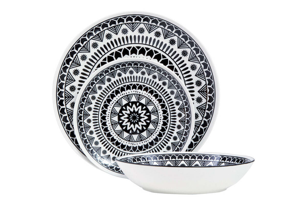 12 Piece Black and White Sun Motif Dinner Set