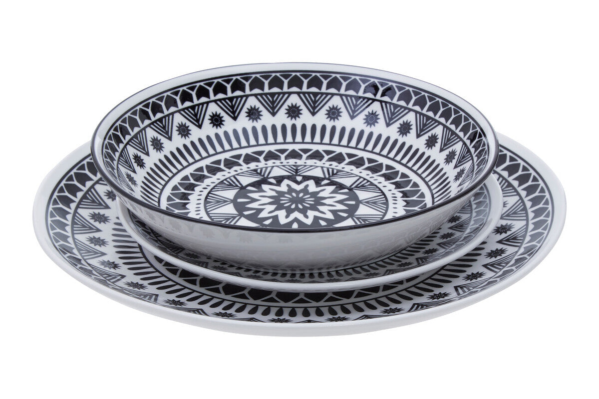 12 Piece Black and White Sun Motif Dinner Set