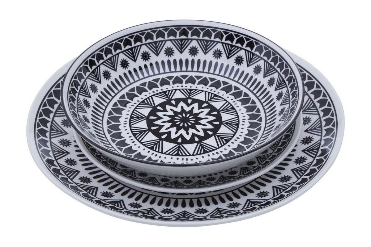 12 Piece Black and White Sun Motif Dinner Set