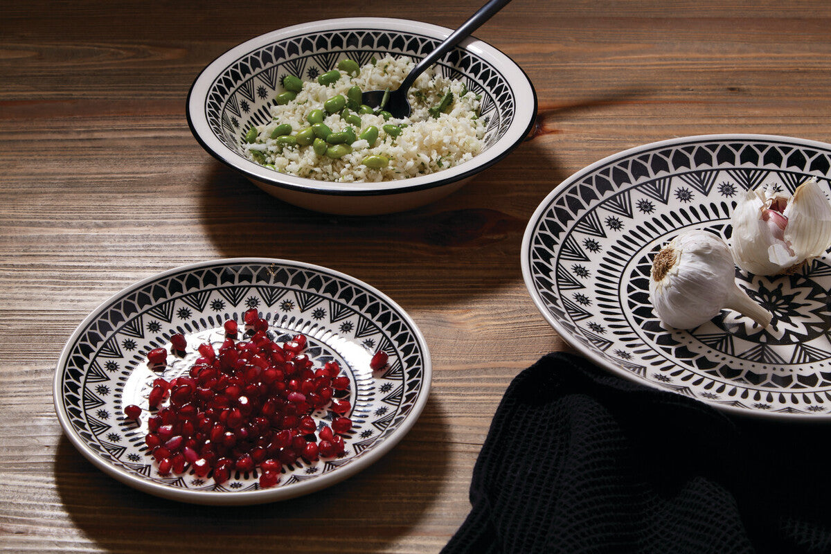 12 Piece Black and White Sun Motif Dinner Set