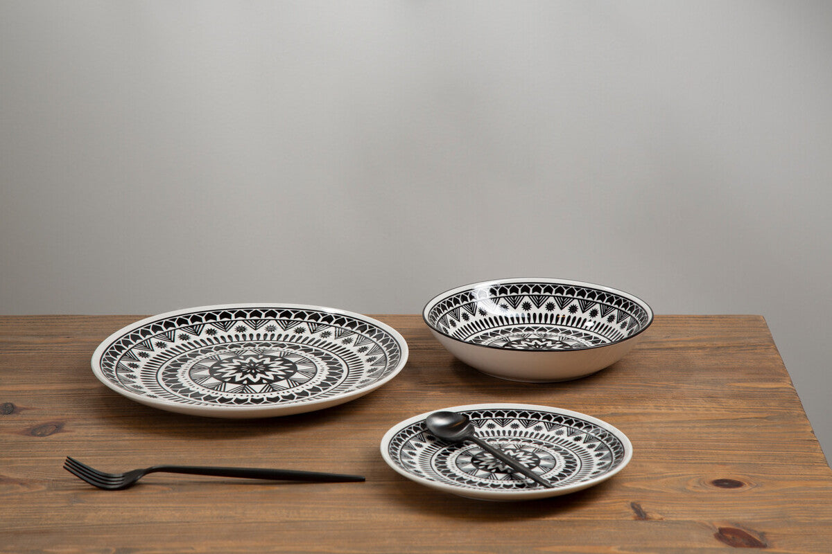 12 Piece Black and White Sun Motif Dinner Set