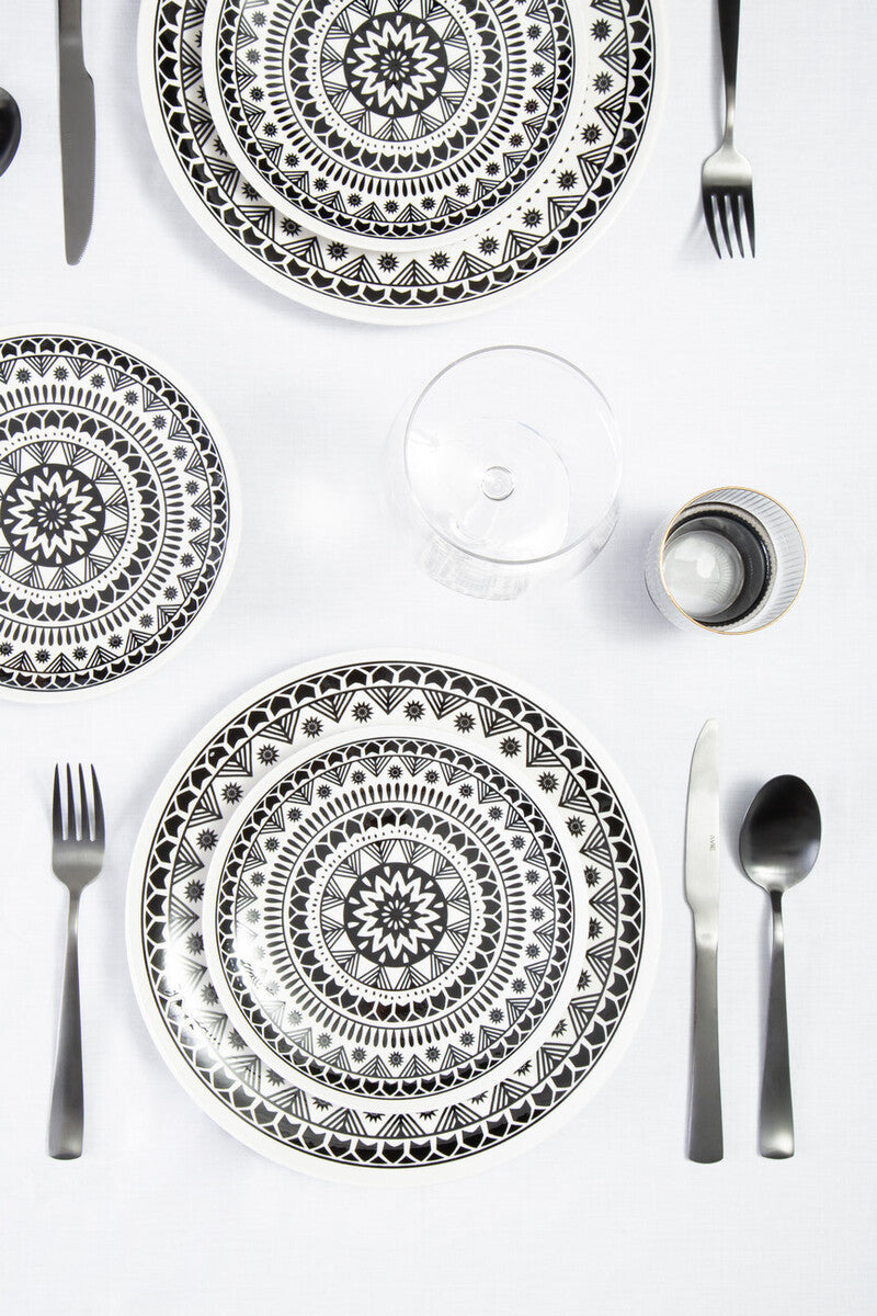 12 Piece Black and White Sun Motif Dinner Set