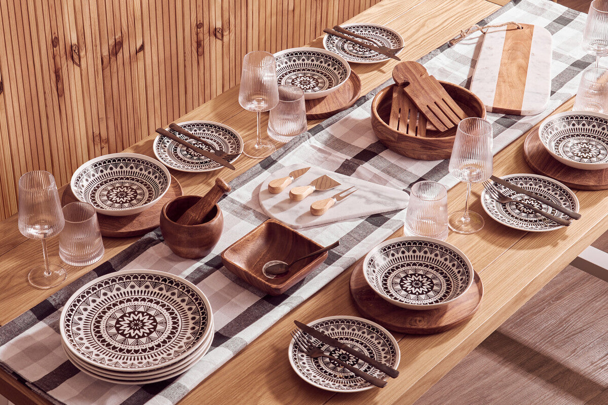 12 Piece Black and White Sun Motif Dinner Set