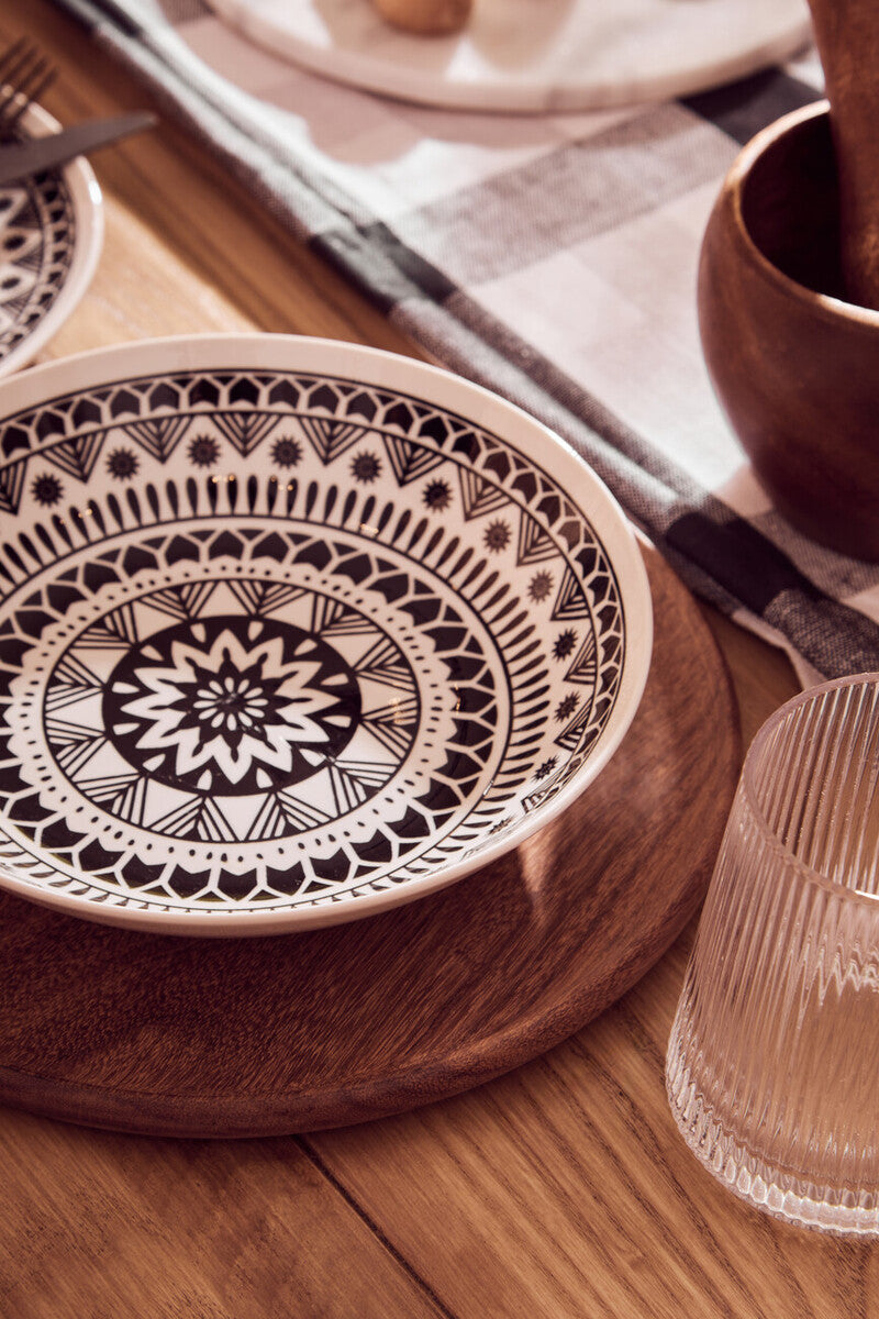 12 Piece Black and White Sun Motif Dinner Set