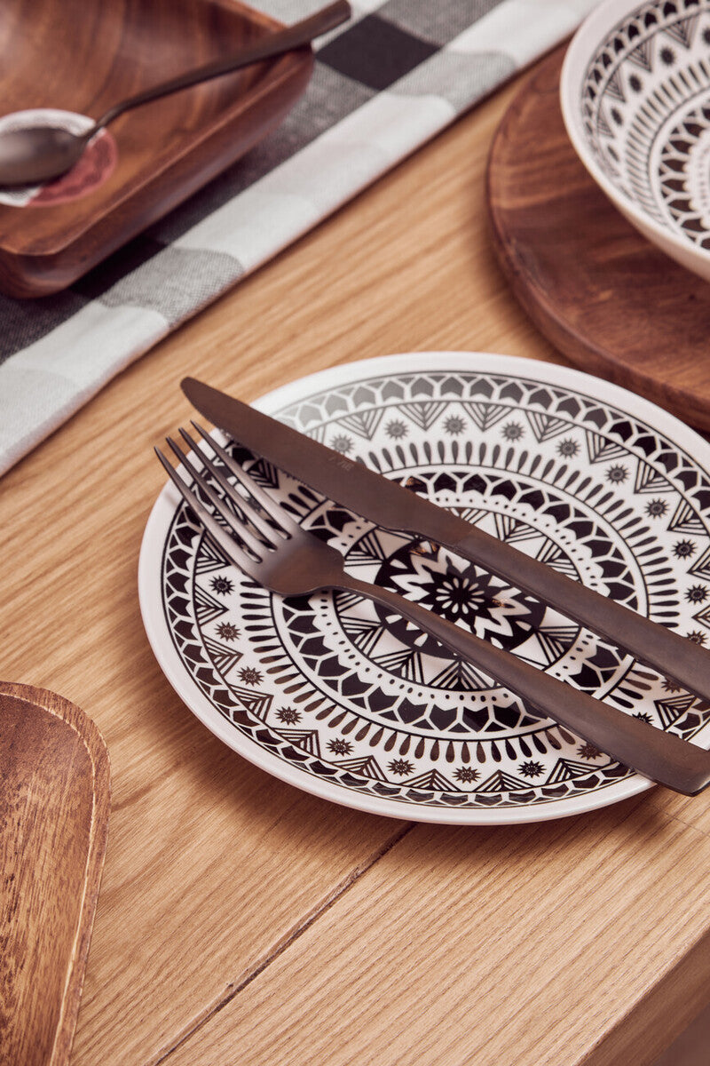 12 Piece Black and White Sun Motif Dinner Set