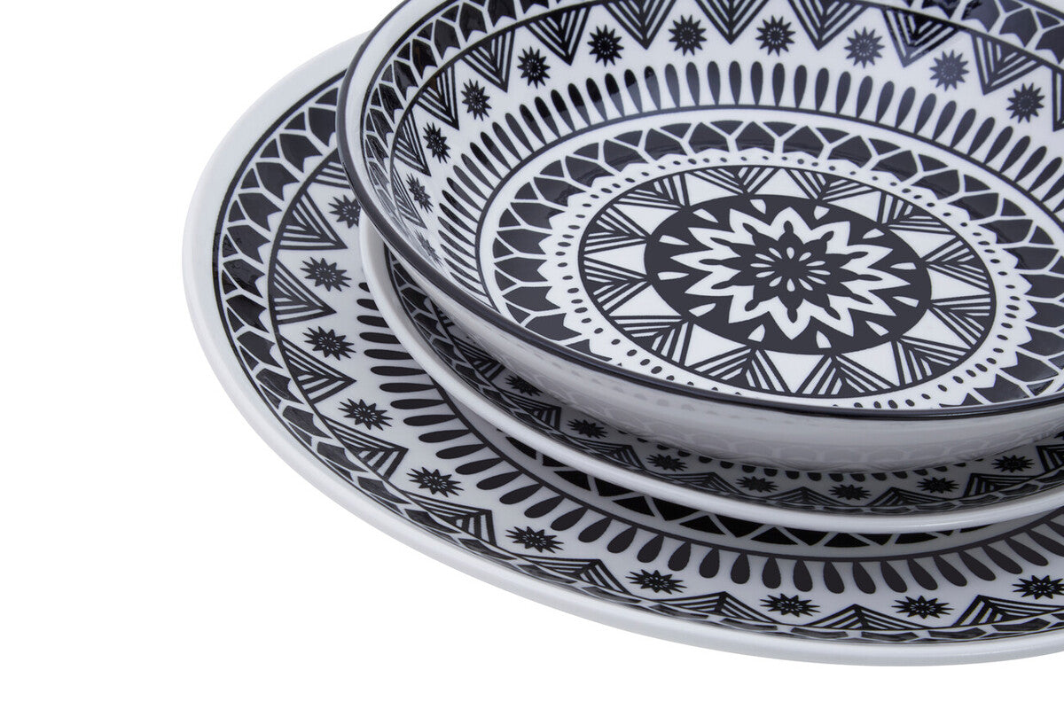 12 Piece Black and White Sun Motif Dinner Set