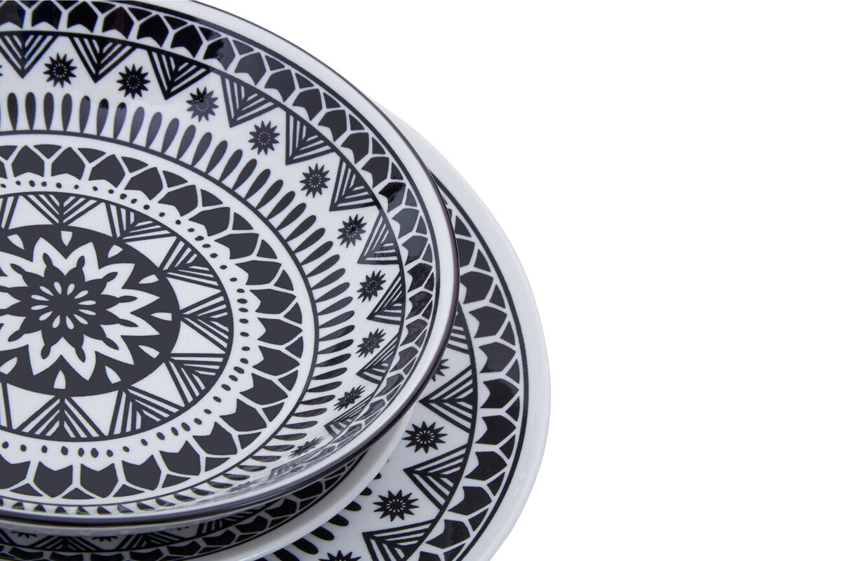 12 Piece Black and White Sun Motif Dinner Set