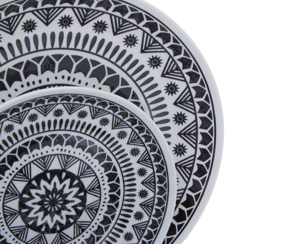 12 Piece Black and White Sun Motif Dinner Set