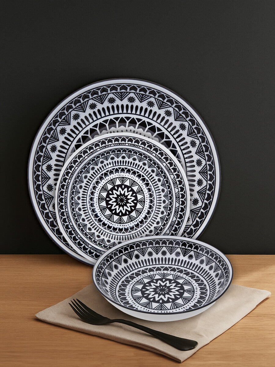 12 Piece Black and White Sun Motif Dinner Set