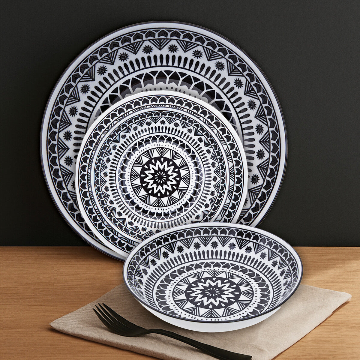 12 Piece Black and White Sun Motif Dinner Set