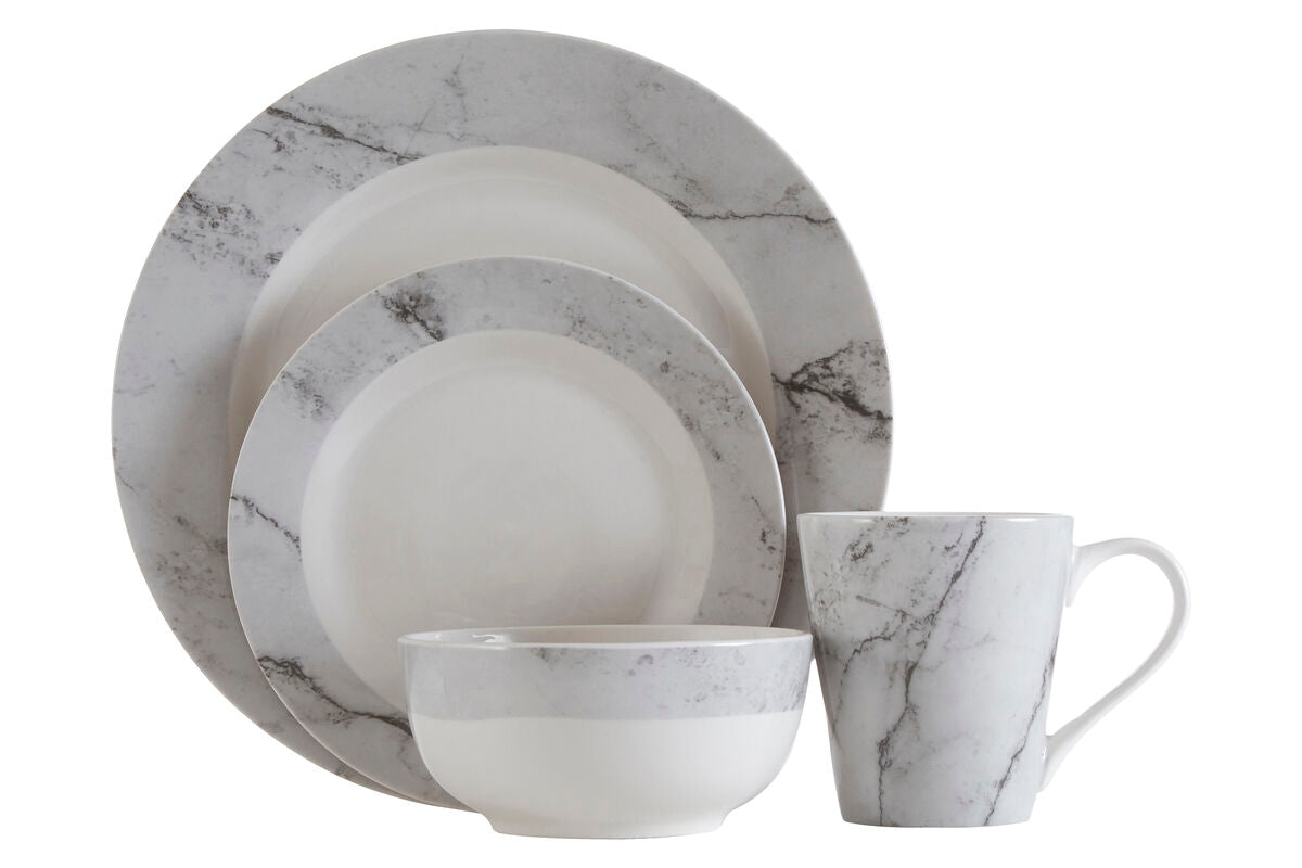 16 Piece White and Grey Marble Swirl Dinner Set
