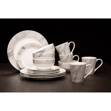 16 Piece White and Grey Marble Swirl Dinner Set