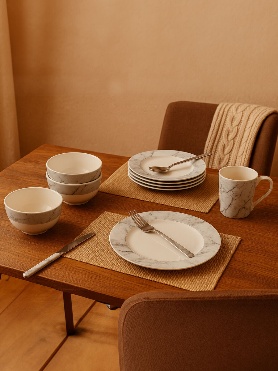 16 Piece White and Grey Marble Swirl Dinner Set