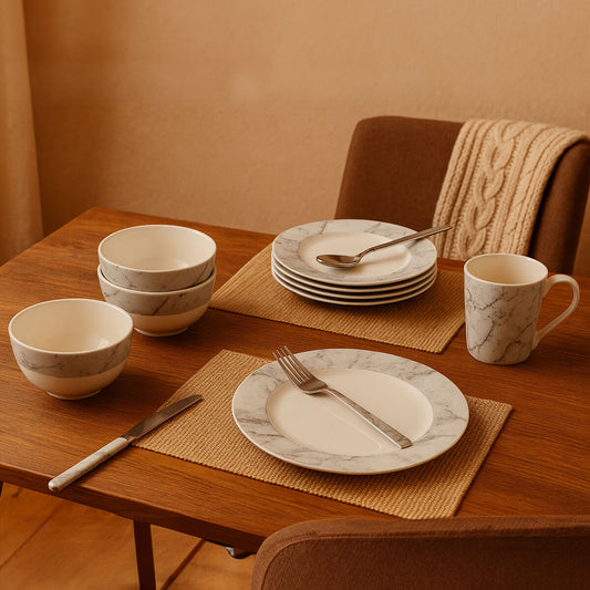 16 Piece White and Grey Marble Swirl Dinner Set