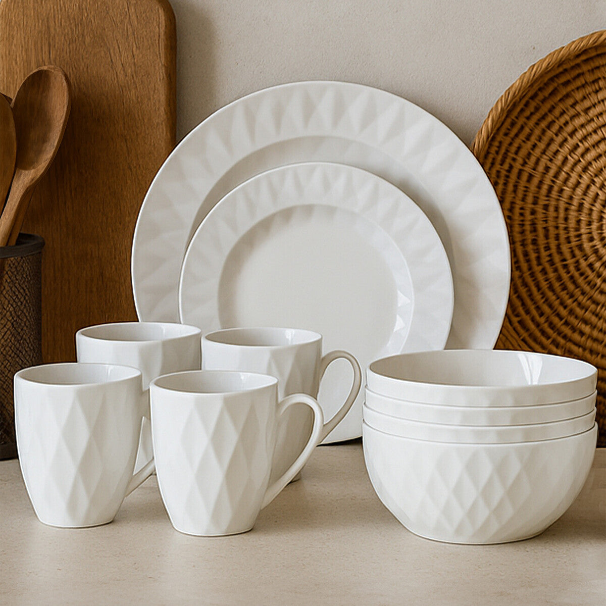 16 Piece Embossed Geometric Dinner Set