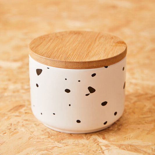 Small Glossy White Storage Canister with Black Speckles