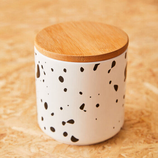Medium White Storage Canister with Black Speckles and Bamboo Lid