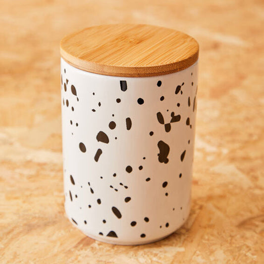 Glossy White Speckled Large Storage Canister with Bamboo Lid