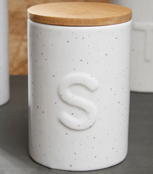 Speckled Sugar Canister with Embossed Letter and Bamboo Lid