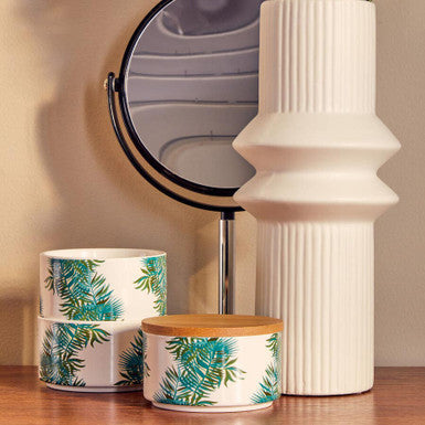 Set of Three Palm Pattern Stackable Canisters with Bamboo Lids