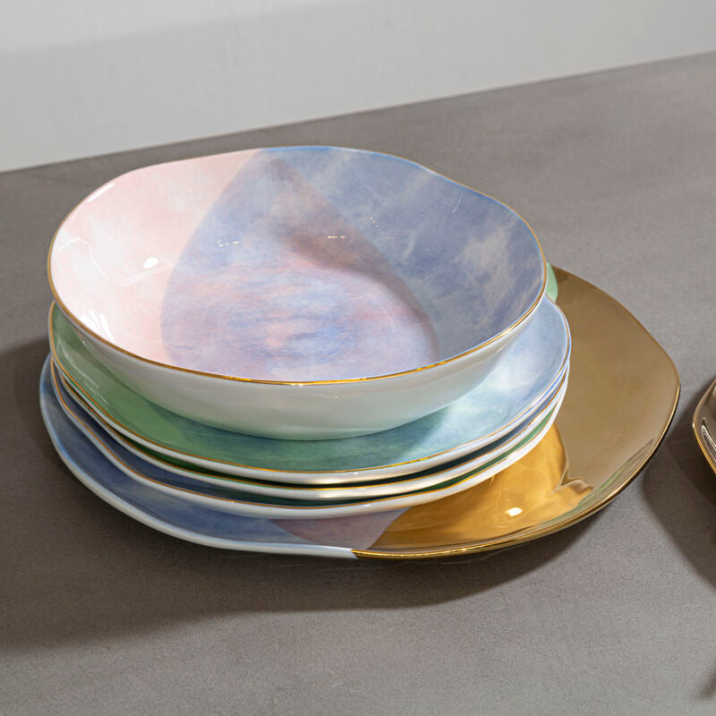 Pastel Blue Pasta Bowl with Gold Rim