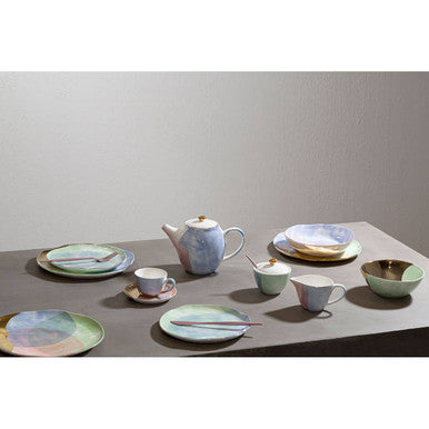 Pastel Blue Pasta Bowl with Gold Rim