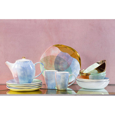Pastel Blue Pasta Bowl with Gold Rim