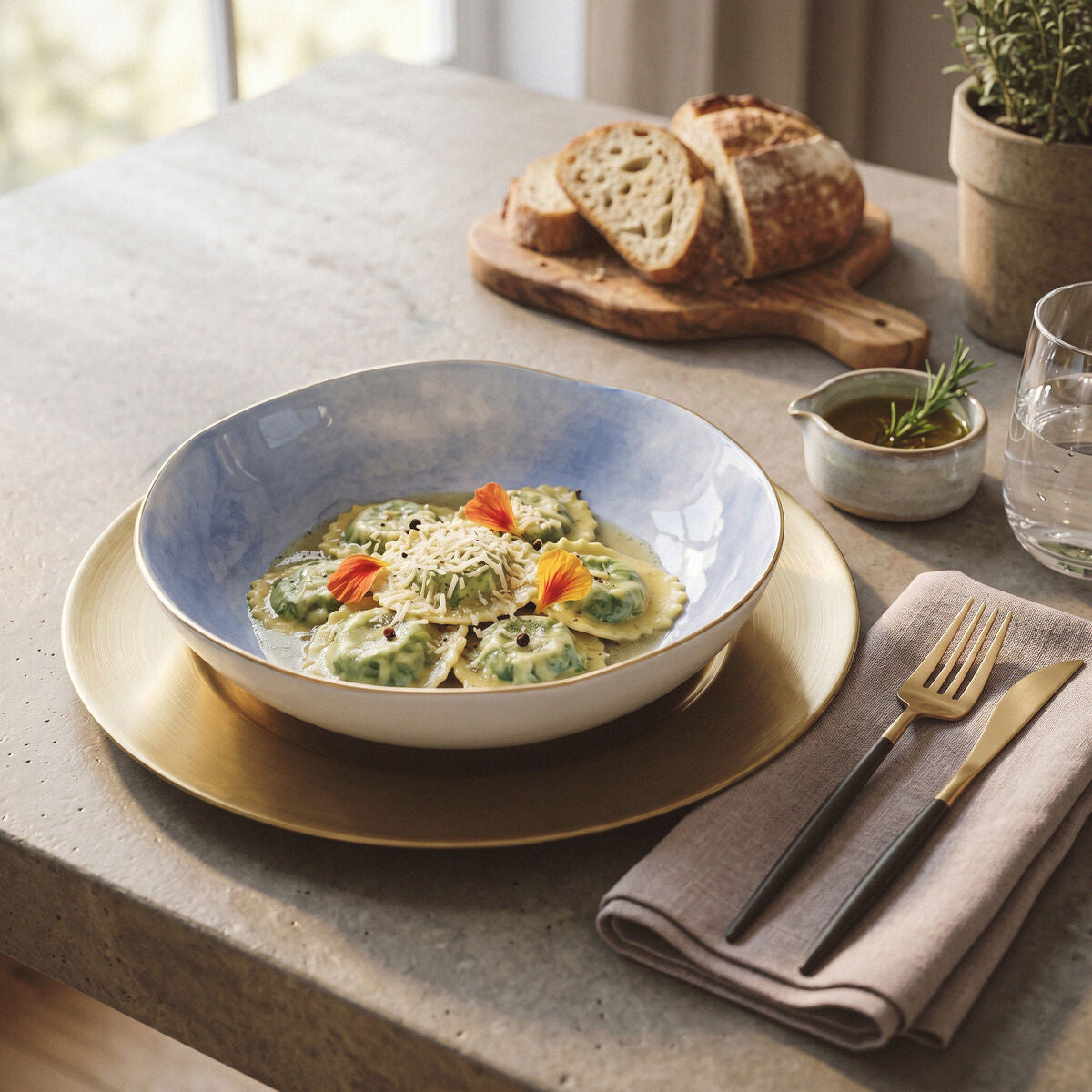 Pastel Blue Pasta Bowl with Gold Rim