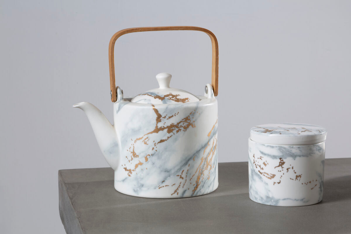 White Marbled Teapot with Warm Metallic Accent