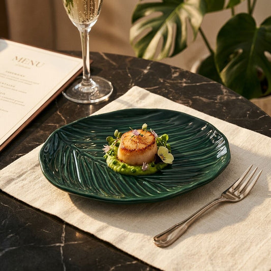 Dark Green Canape Plate with Embossed Palm