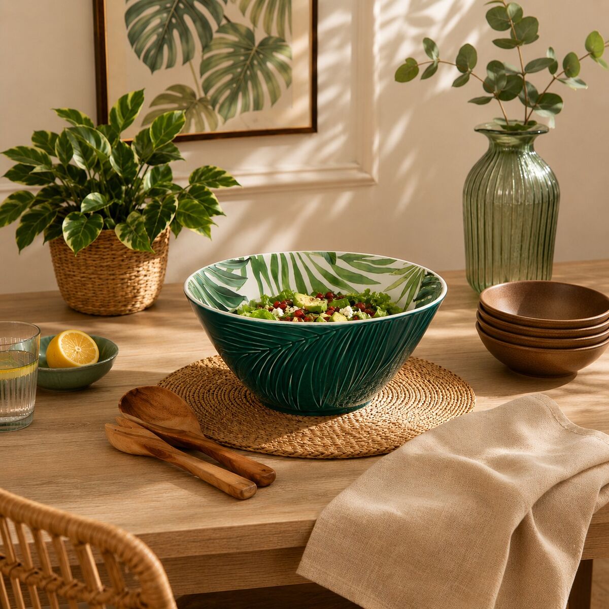 Dark Green Large Salad Bowl with Leaf Design
