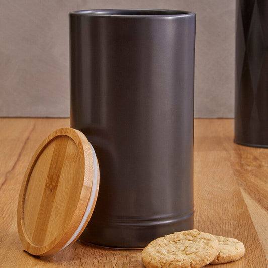 Black Large Stoneware Canister with Bamboo Lid