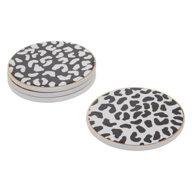 Set of 4 Monochrome Leopard Coasters with Gold Ring
