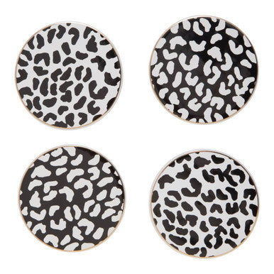 Set of 4 Monochrome Leopard Coasters with Gold Ring