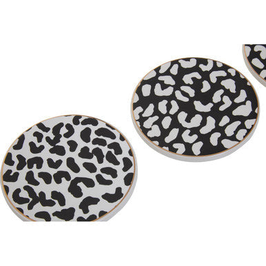 Set of 4 Monochrome Leopard Coasters with Gold Ring