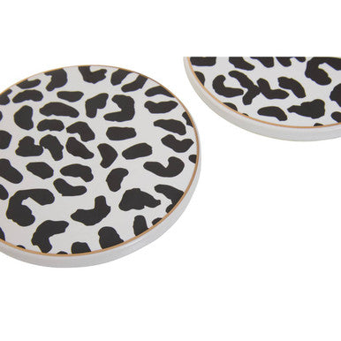 Set of 4 Monochrome Leopard Coasters with Gold Ring