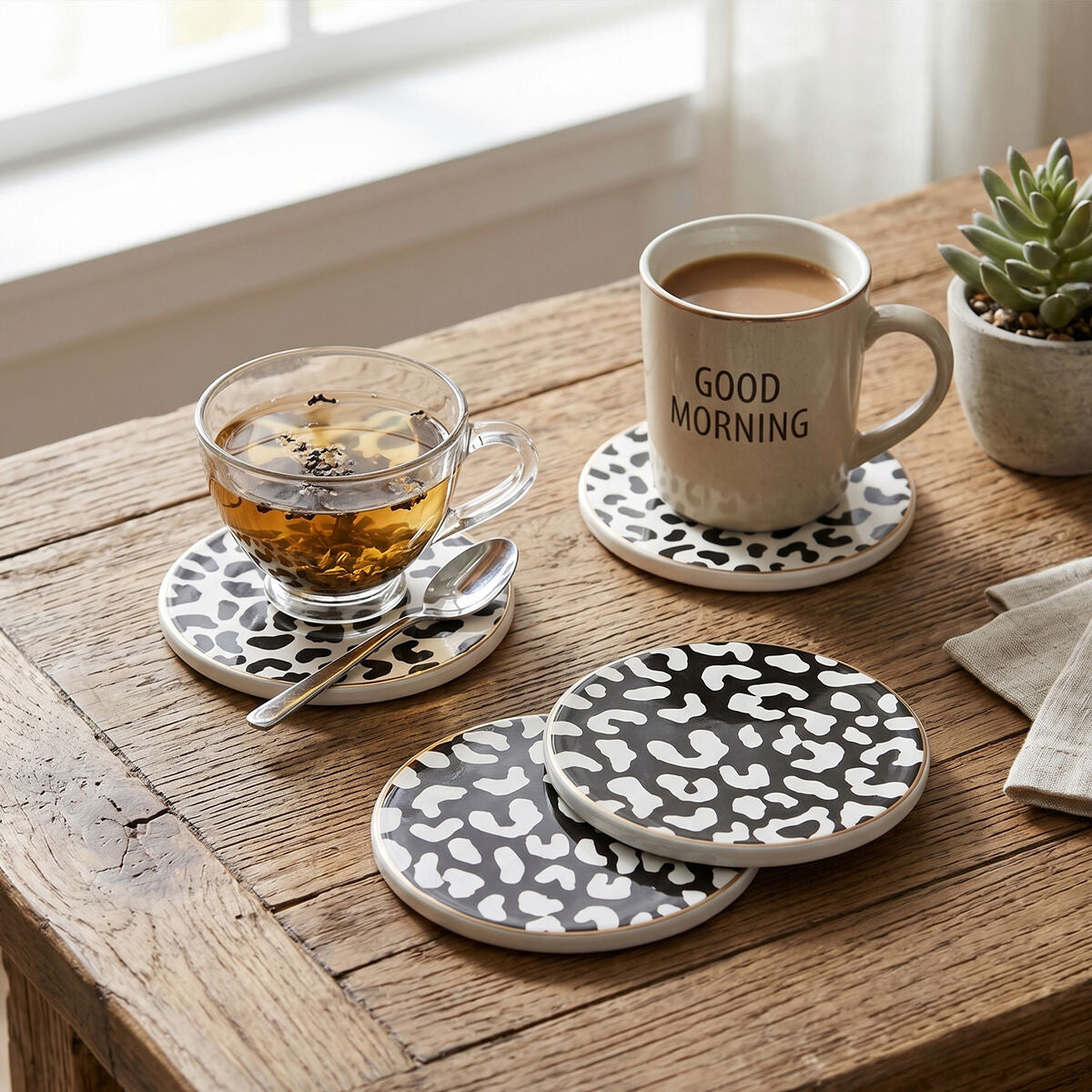Set of 4 Monochrome Leopard Coasters with Gold Ring