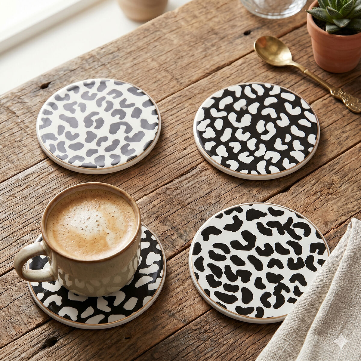 Set of 4 Monochrome Leopard Coasters with Gold Ring