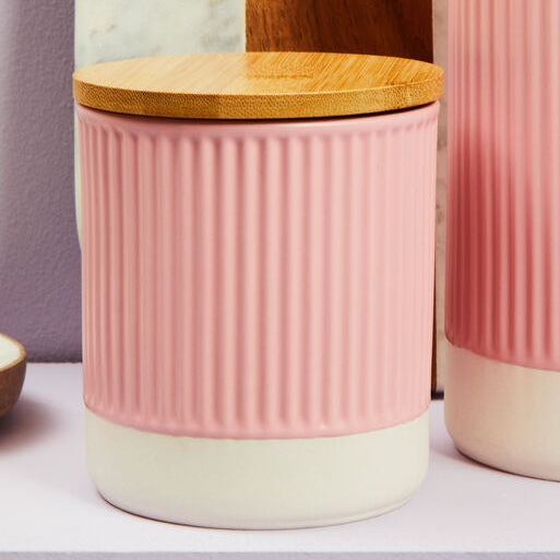 Pink 550ml Ribbed Storage Canister with Bamboo Lid