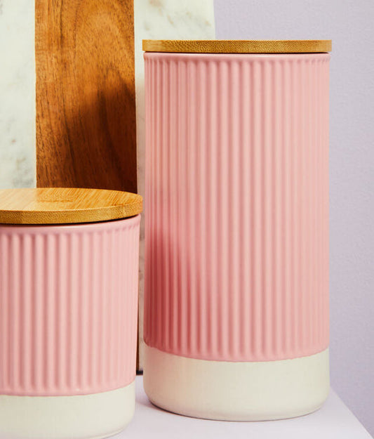 Pink Ribbed 1250ml Storage Canister with Bamboo Lid