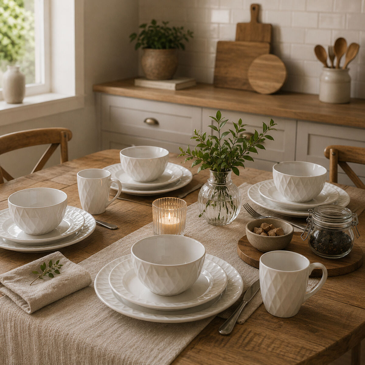 16 Piece White Embossed Dinner Set